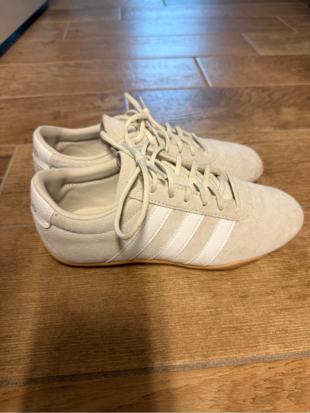 Adidas Women’s Beige Suede Sneakers with White Stripes